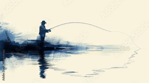 a fisherman holds a fishing rod and fishing line on the lake.