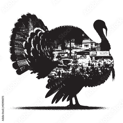 silhouette of turkey bird filled with graffiti street wall in rough drawing