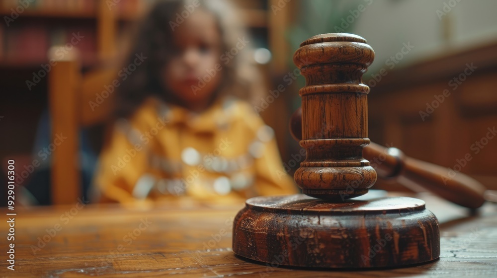 Young child sits quietly in a courtroom while a gavel rests prominently on the table Young child sits quietly in a courtroom while a gavel rests prominently on the table