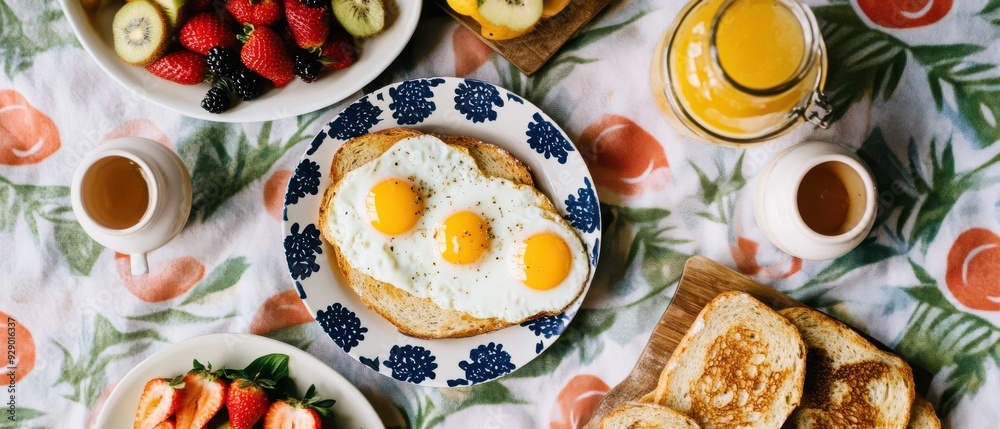 A breakfast table with a variety of food including eggs, toast, fruit, and juice