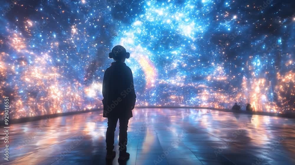 A person gazes at vibrant cosmic visuals illuminating the dark space of an artistic installation, creating a mesmerizing atmosphere.