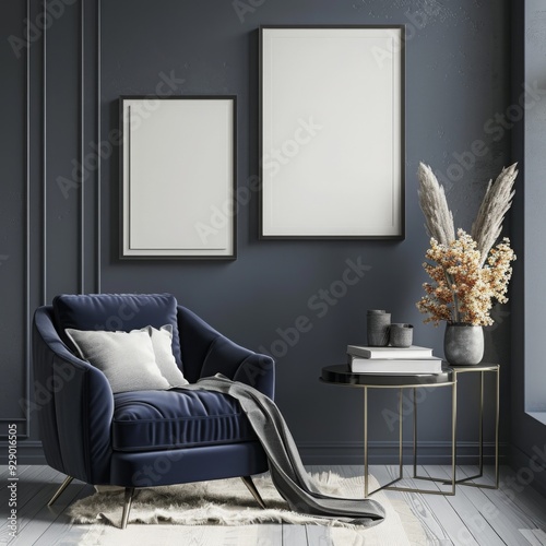 An beautiful living room interior with mock up poster frames
