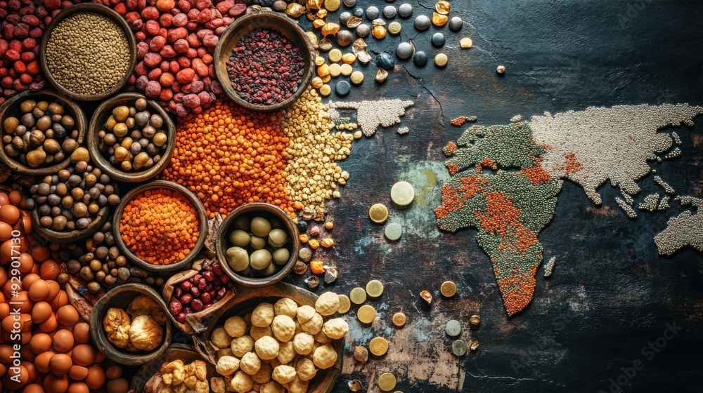 A bowl of food with a map of the world in the background A bowl of food with a map of the world in the background