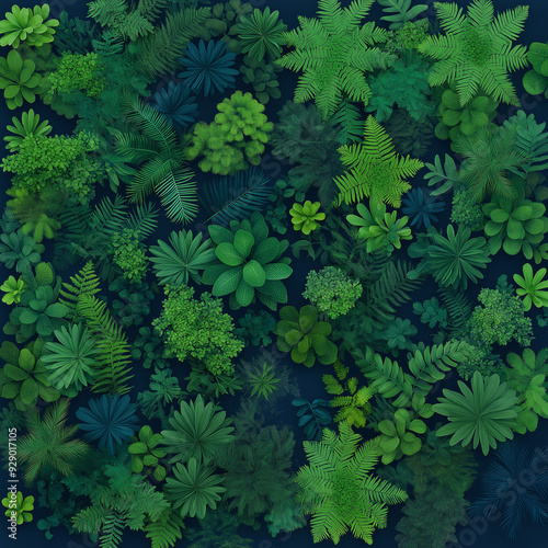 A lush green forest with many different types of plants and trees