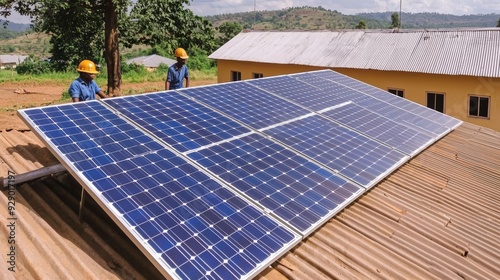 A group of people installing solar panels on a rural school in a developing country