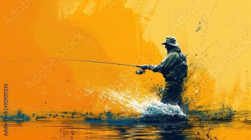 a fisherman holds a fishing rod and fishing line on the lake.