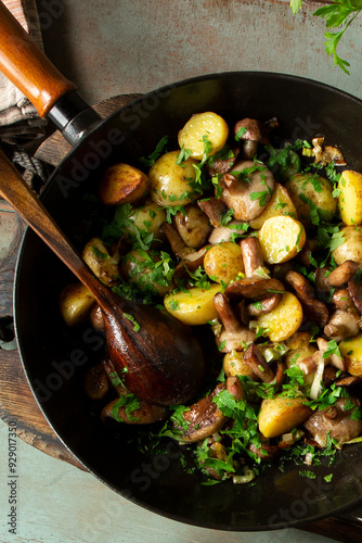 cast iron frying pan with fried new potatoes and boletus mushrooms on the table