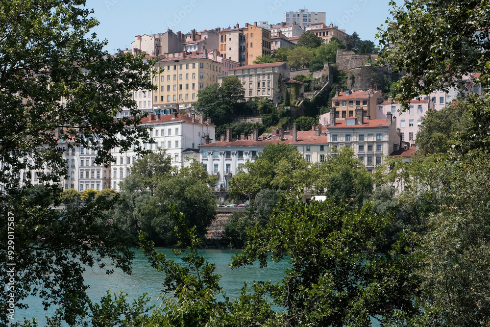 View of Lyon and Rhone river through the baranches of the tree on sunny day, France. View of Lyon and Rhone river through the baranches of the tree on sunny day, France.