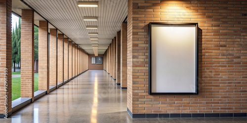 Empty poster frame mockup hanging on wall in university campus corridor, mockup, poster, frame, empty, blank, university