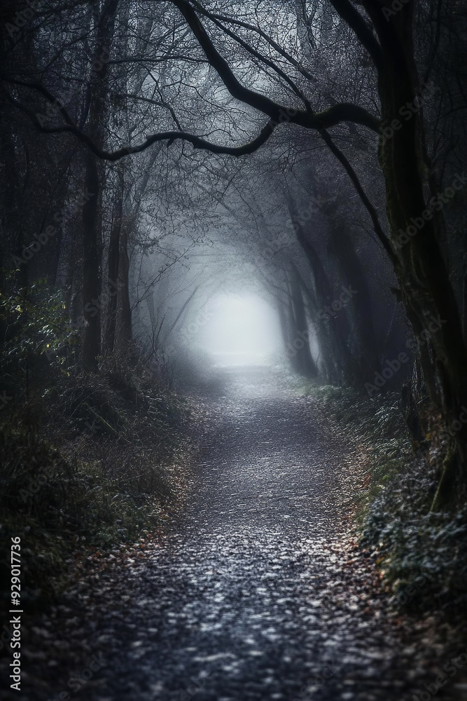 A dark and moody forest pathway is shrouded in an eerie mist, creating an atmosphere of mystery and intrigue A dark and moody forest pathway is shrouded in an eerie mist, creating an atmosphere of mystery and intrigue