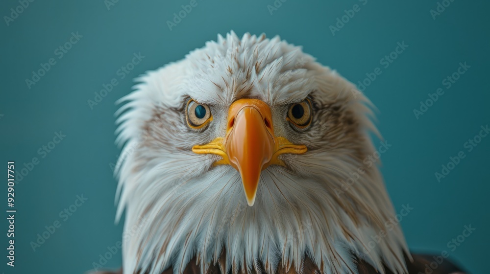Obraz premium Majestic bald eagle close-up with striking eyes against a blue background