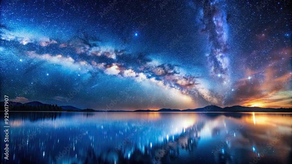 Night sky over calm water with a panoramic view of clouds and a starry night , stars, reflection, beautiful, peaceful Night sky over calm water with a panoramic view of clouds and a starry night , stars, reflection, beautiful, peaceful