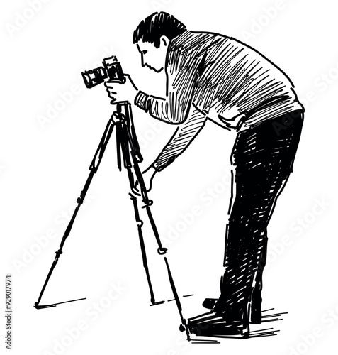 Sketch of professional photographer with camera on tripod shooting, vector hand drawn illustration, black and white