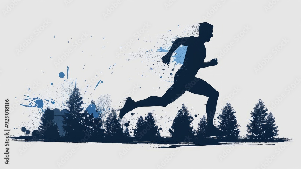 Runner sprinting through a forest with abstract paint splashes at sunset