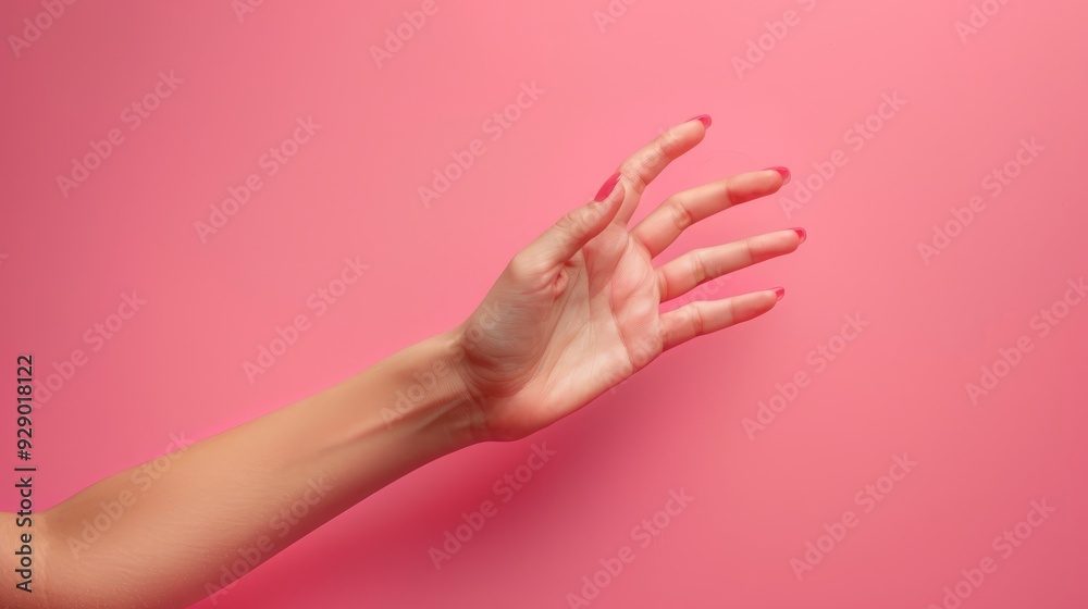 A graceful hand reaching out against a pink background A graceful hand reaching out against a pink background