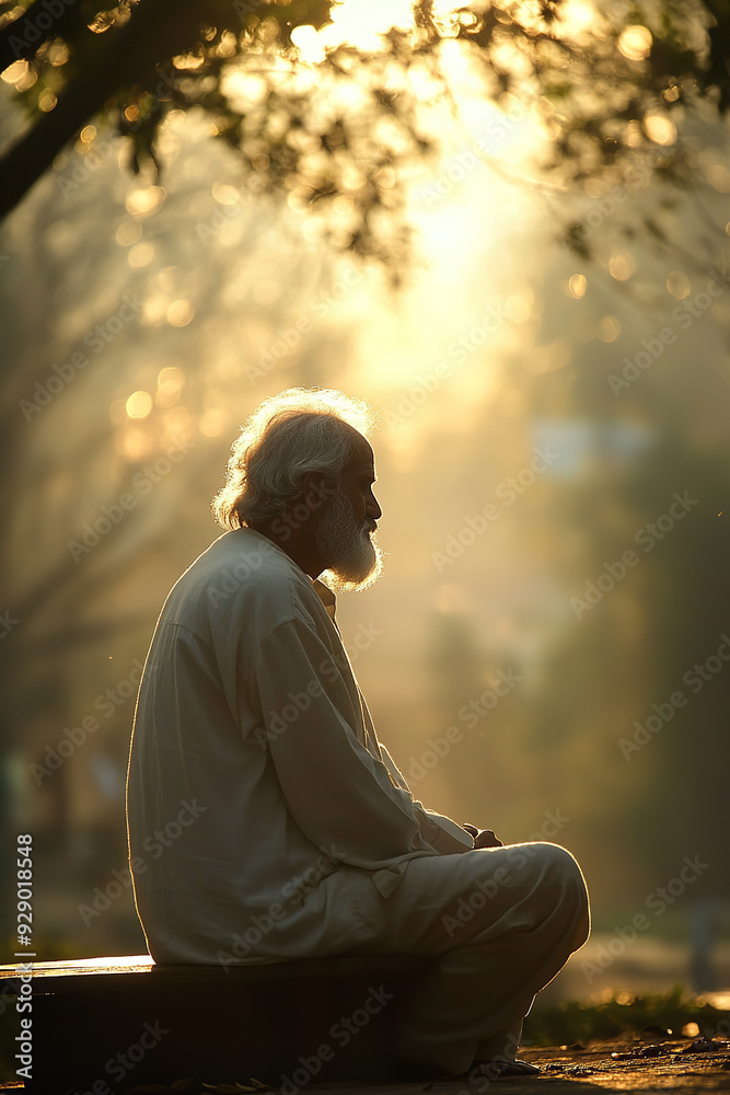 A grateful man prays to God in the serene light of the morning
