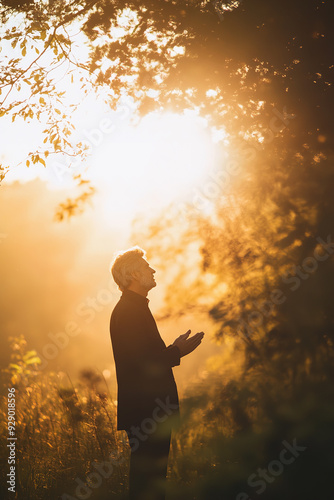 A grateful man prays to God in the serene light of the morning