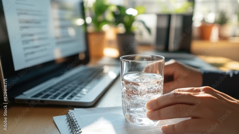 A person reaches for a glass of water on their desk while working on a laptop in a bright environment A person reaches for a glass of water on their desk while working on a laptop in a bright environment