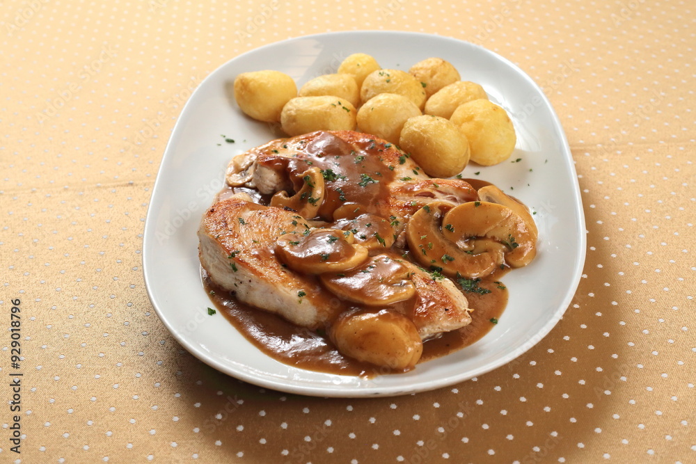 Grilled Chicken Fillet Flamed with Mushrooms