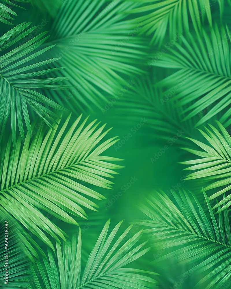 Fototapeta premium A green background with many leaves and a large green leaf in the center