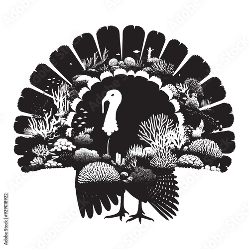 silhouette of turkey bird filled with underwater view with coral in rough drawing