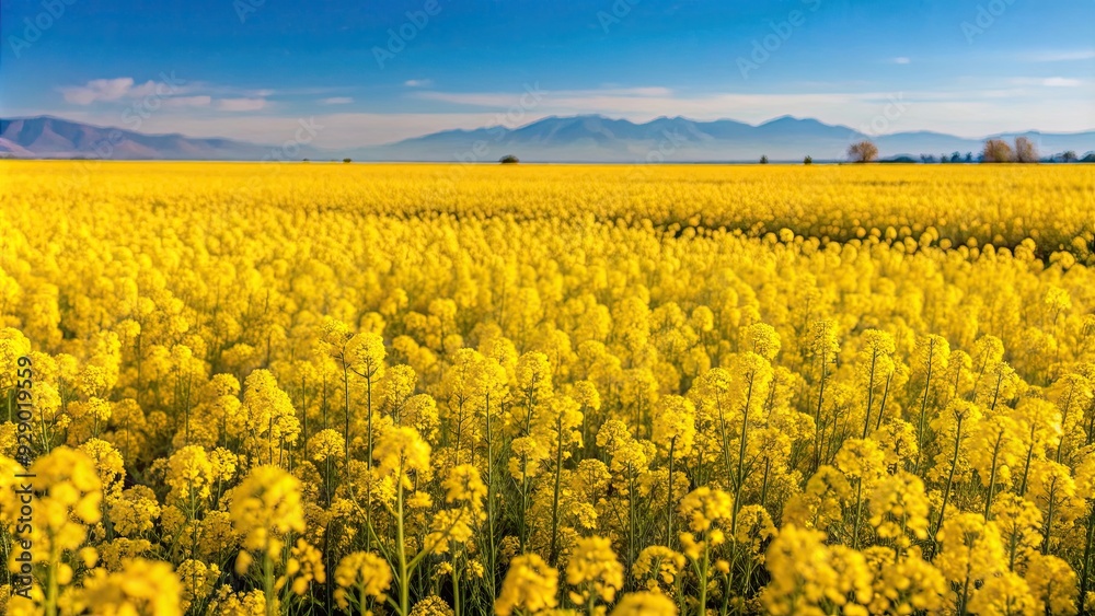 Obraz premium Vibrant field of blooming yellow Mustard flowers in California, USA, wildflowers, spring, landscape, sunny, nature, agriculture