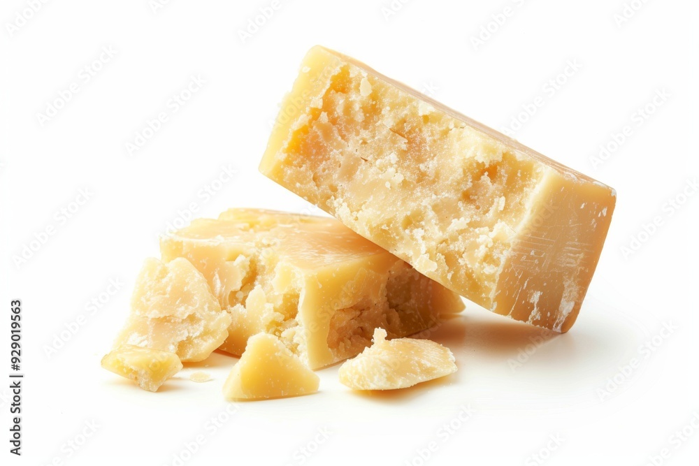 A block and crumbles of aged cheese against a white background A block and crumbles of aged cheese against a white background