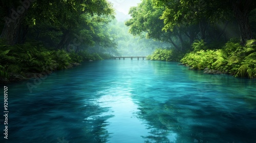 illustration of Serene river flows through lush greenery, reflecting tranquility and the beauty of nature in a peaceful landscape.