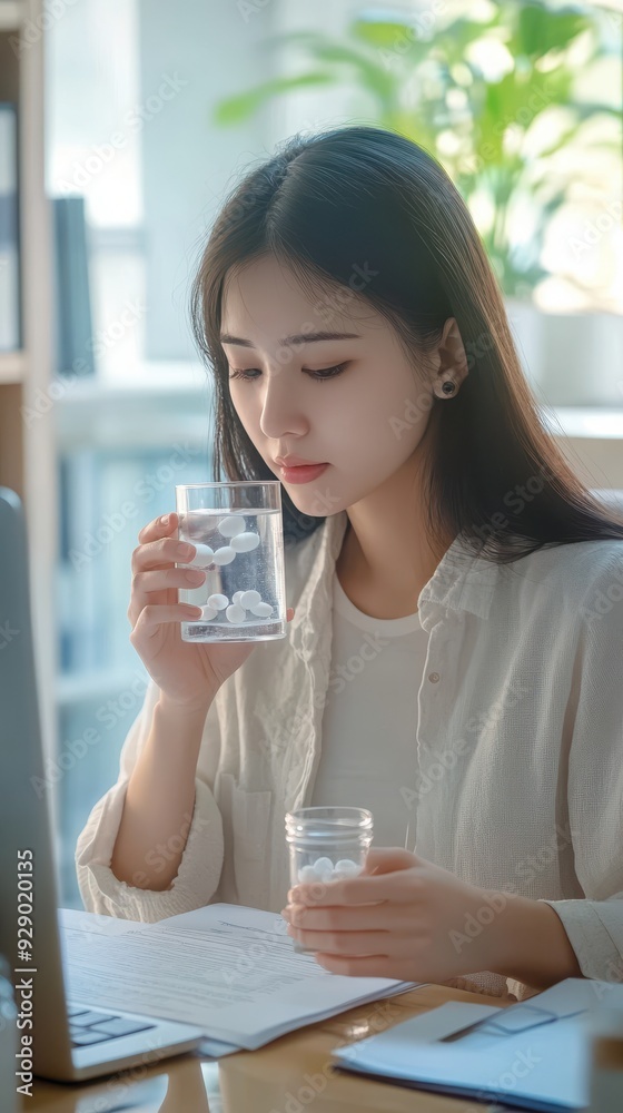 A woman thoughtfully holds a glass of water while preparing to take her medication A woman thoughtfully holds a glass of water while preparing to take her medication
