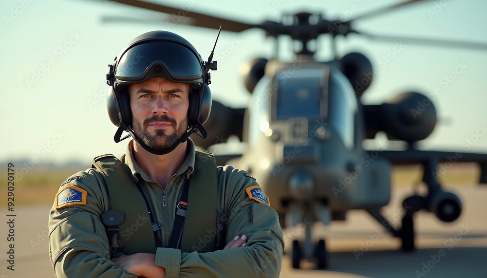 A fully equipped helicopter pilot stands confidently, with the AH-64 Apache Guardian blurred in the background. A fully equipped helicopter pilot stands confidently, with the AH-64 Apache Guardian blurred in the background.