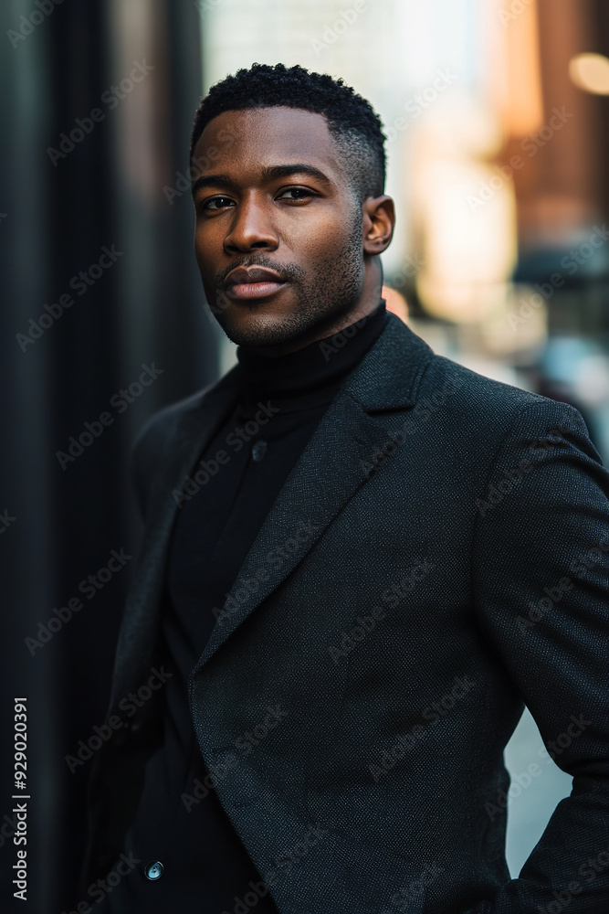 A portrait of a fashionable Black man in a sleek jacket exudes confidence and style A portrait of a fashionable Black man in a sleek jacket exudes confidence and style