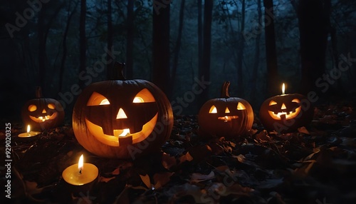 Halloween pumpkins burning in forest at night, holiday concept3 photo