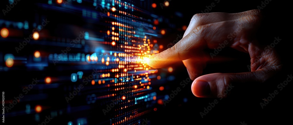 A hand touches glowing data streams, symbolizing the connection between technology and human interaction in a digital world. A hand touches glowing data streams, symbolizing the connection between technology and human interaction in a digital world.