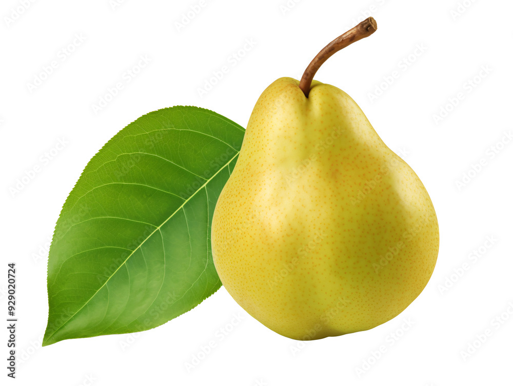 a yellow pear with a green leaf a yellow pear with a green leaf