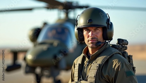 A fully equipped helicopter pilot stands confidently, with the AH-64 Apache Guardian blurred in the background.