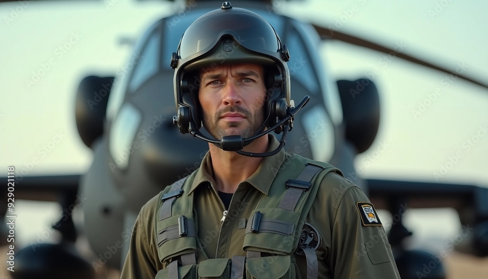 A fully equipped helicopter pilot stands confidently, with the AH-64 Apache Guardian blurred in the background. A fully equipped helicopter pilot stands confidently, with the AH-64 Apache Guardian blurred in the background.