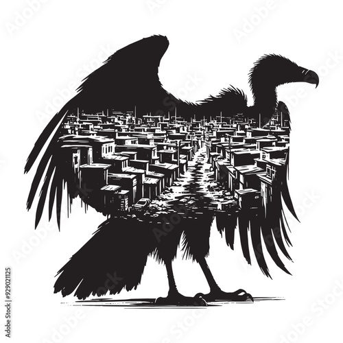 silhouette of Vulture filled with ghetto street in rough drawing