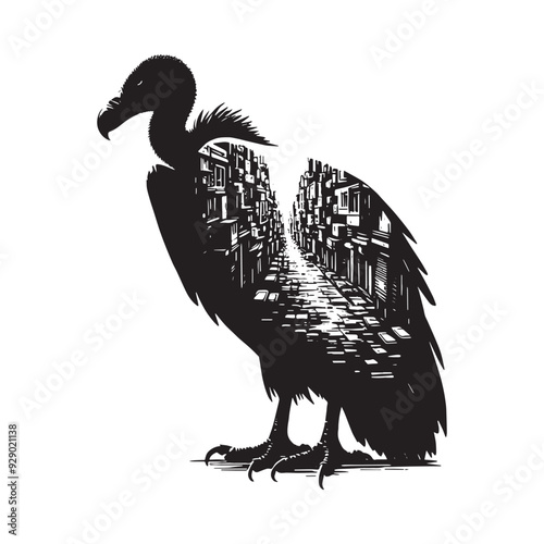 silhouette of Vulture filled with ghetto street in rough drawing