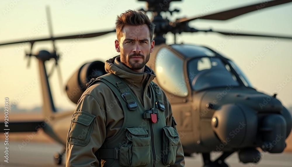 A fully equipped helicopter pilot stands confidently, with the AH-64 Apache Guardian blurred in the background. A fully equipped helicopter pilot stands confidently, with the AH-64 Apache Guardian blurred in the background.