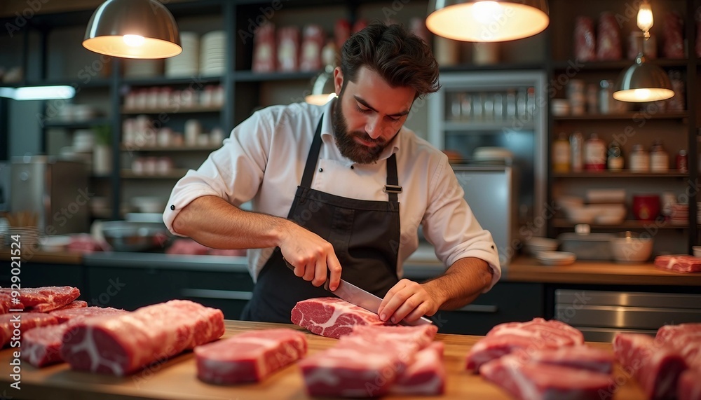 Portrait of a butcher with a warm smile, arranging meat on a cutting table. Balanced composition with natural light, depth of field, and space for text create an advertising-style appearance.
Portrait of a butcher with a warm smile, arranging meat on a cutting table. Balanced composition with natural light, depth of field, and space for text create an advertising-style appearance.