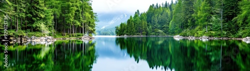 Tranquil forest lake surrounded by lush green trees, with clear blue water reflecting the serene landscape and mountain backdrop.