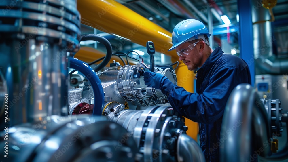 Technician Performing Maintenance on a Large Chiller Unit in a Plant, Wearing Professional Attire and Safety Gear with Tools and Diagnostic Equipment Technician Performing Maintenance on a Large Chiller Unit in a Plant, Wearing Professional Attire and Safety Gear with Tools and Diagnostic Equipment