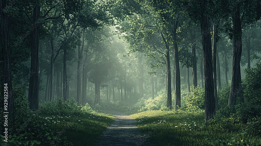 Fototapeta premium Mystical Forest Path: Sunbeams pierce through a canopy of emerald green trees, illuminating a path that beckons the adventurous spirit. 