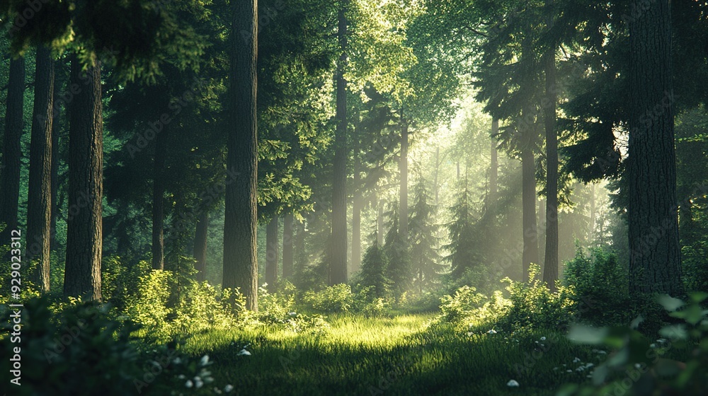 Sunlit Forest Path: A digital rendering of a serene forest scene, sunlight streaming through the trees onto a verdant path. Sunlit Forest Path: A digital rendering of a serene forest scene, sunlight streaming through the trees onto a verdant path.