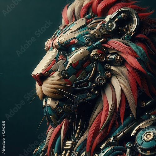 A stunning blend of technology and nature, this robot lion showcases intricate metalwork and vibrant colors, perfect for futuristic design projects and innovation themes. photo