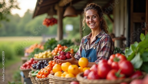 In a picturesque farm setting, an organic farmer smiles as she arranges colorful produce at a roadside stand. The depth of field highlights her warmth with a blurred background.