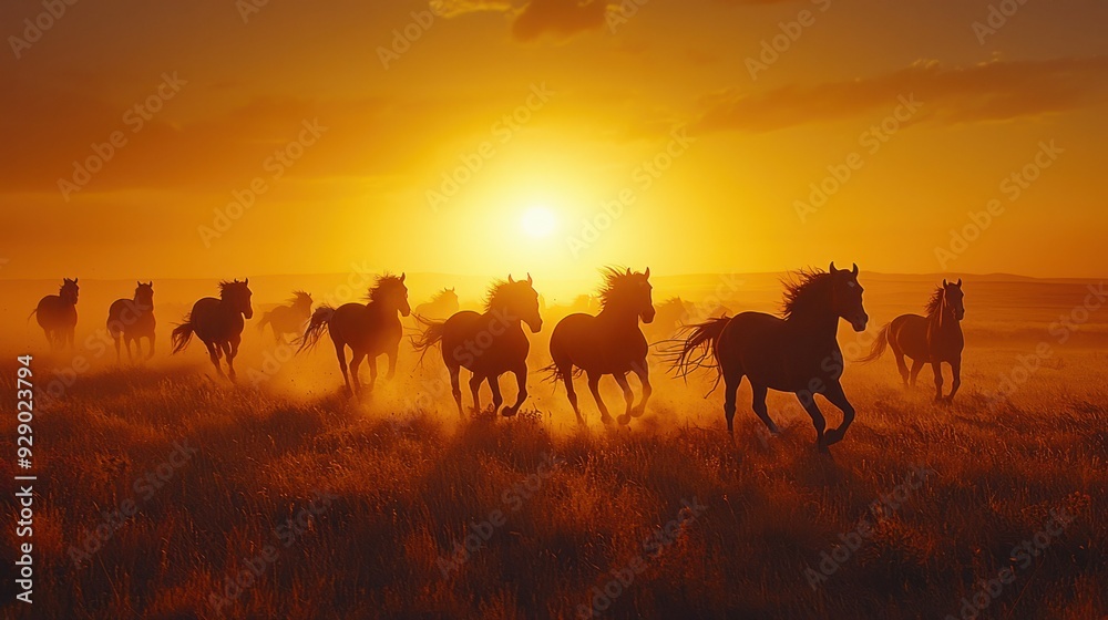 Fototapeta premium Majestic Wild Horses Galloping Freely in a Golden Sunset