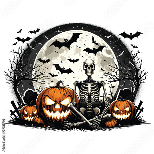 Skeleton and pumpkins under full moon with bats, eerie Halloween scene, perfect spooky decor