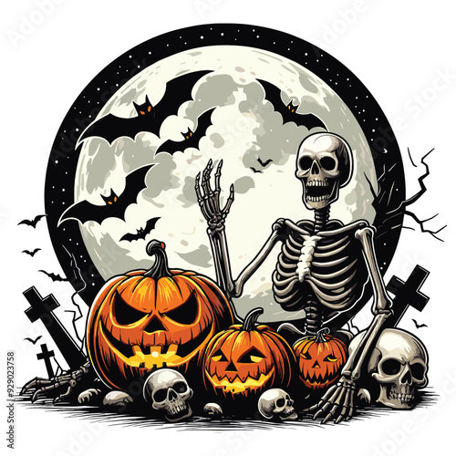 Halloween skeleton with scary pumpkins and bats against full moon background, spooky decoration