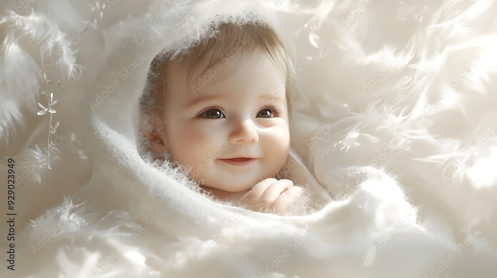 A baby girl with brown eyes smiles while wrapped in white fur.